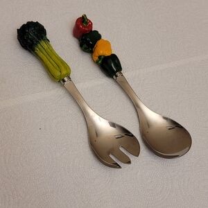 Vintage Vegetable Handle Salad Servers. Stainless Steel.